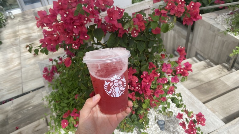 Hand holding an iced water with strawberry from Starbucks in front of pink flowers