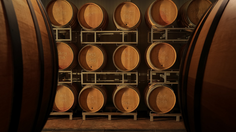whiskey barrels stacked