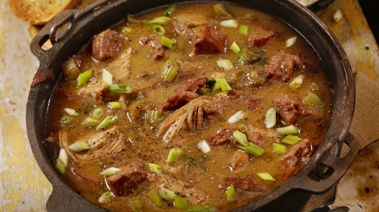 Creole chicken and sausage gumbo in bowl