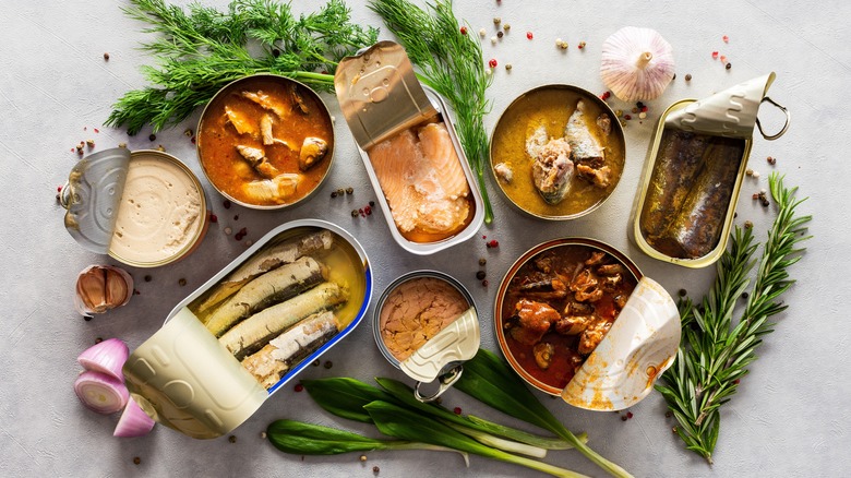 Different Types of Canned Fish Opened With Herbs