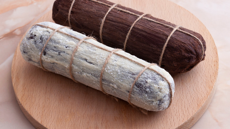 two logs of chocolate salami