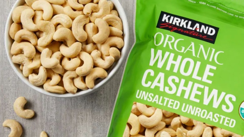 Bowl and package of Costco Kirkland Signature organic cashews