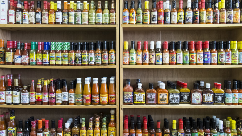 Store shelves of hot sauces