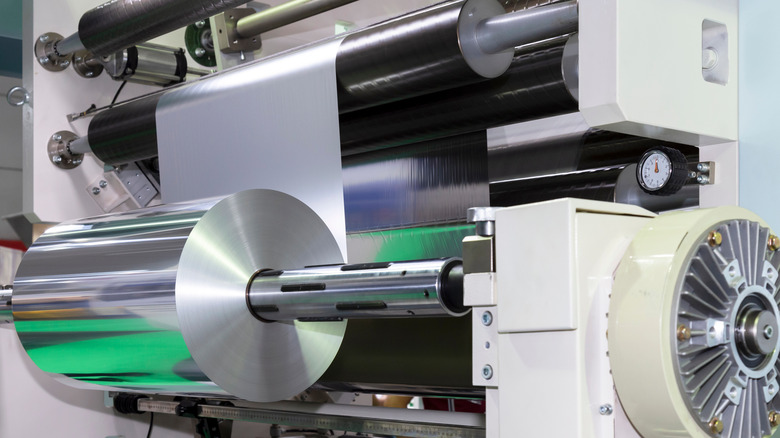 aluminum foil being produced for food packaging.