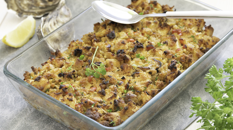 Casserole dish oyster cornbread dressing