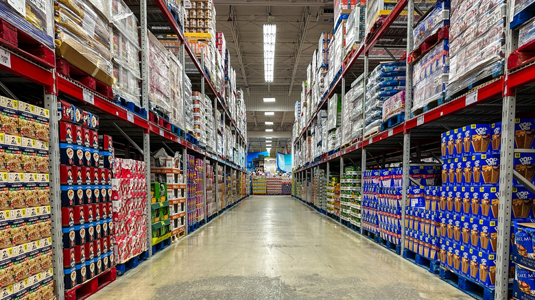 aisle of food at Sam's Club warehouse