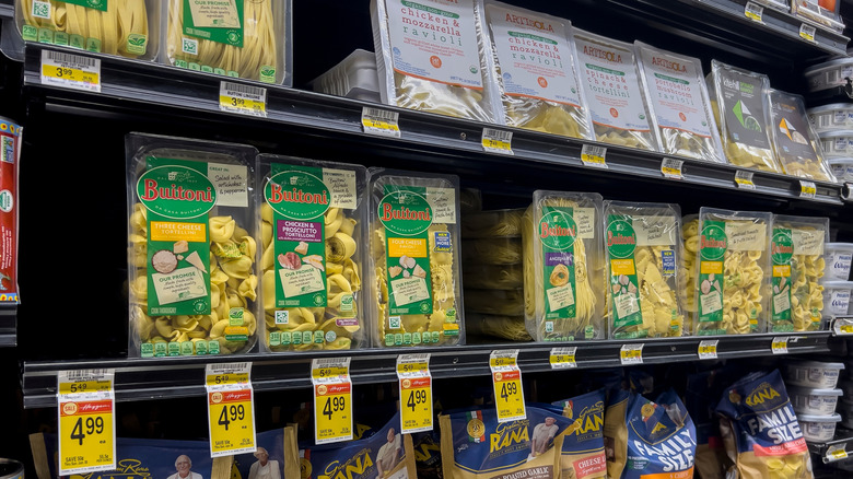 Fresh pasta on refrigerated store shelves