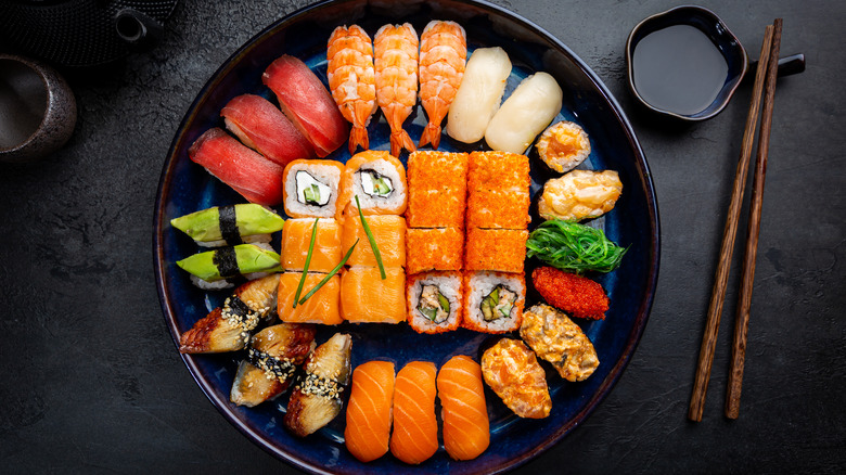 platter of different sushi rolls