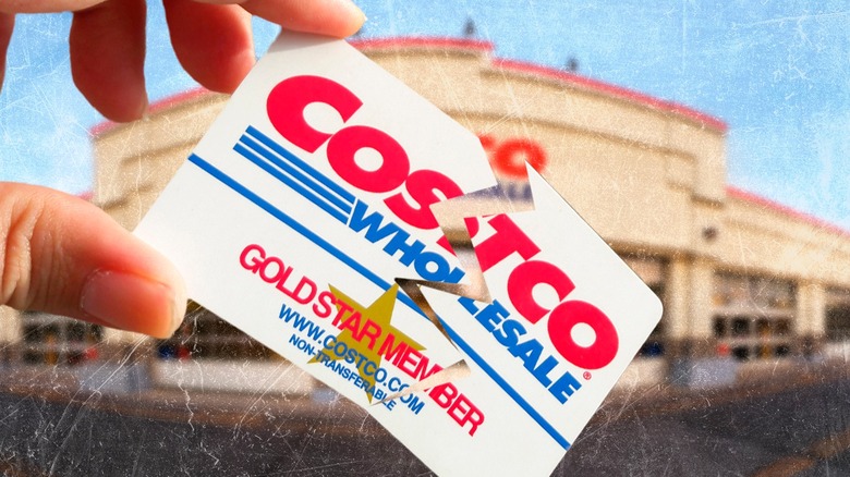 Hand holding a broken Costco membership card outside the store