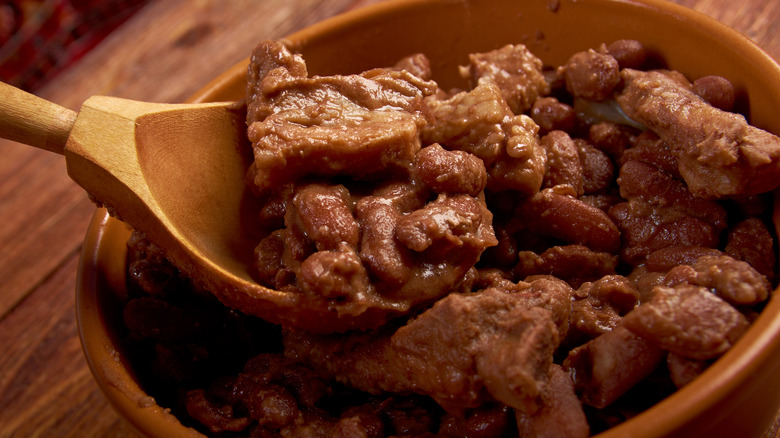 Traditional boston baked beans in a stoneware dish