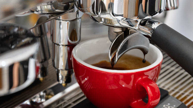 Cup of espresso under coffee machine