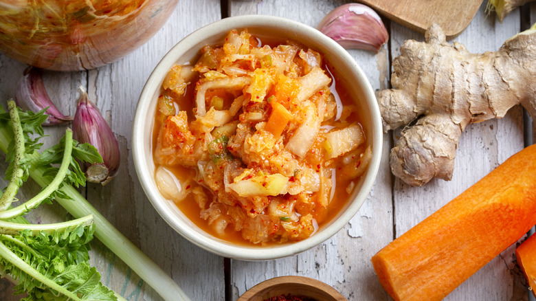 Kimchi in bowl on table