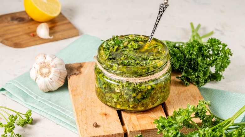 Glass jar filled with gremolata