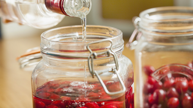 Vodka pouring into jar of cherries