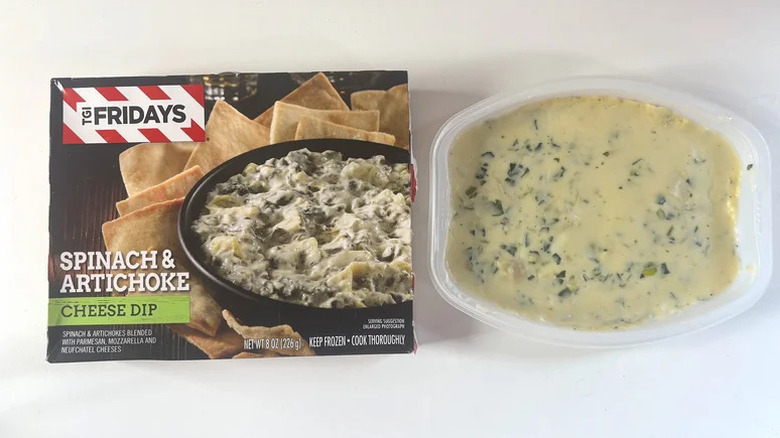A box of TGI Fridays' frozen spinach and artichoke cheese dip