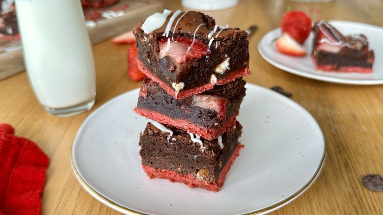 stack of chocolate strawberry brownies