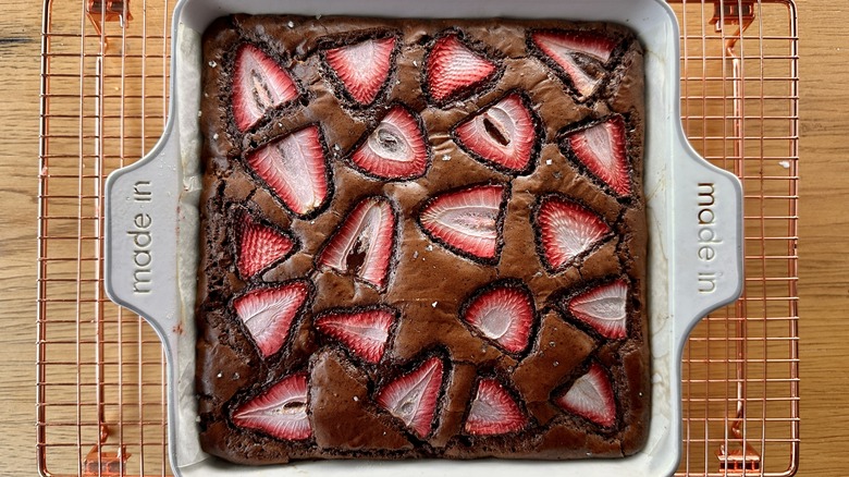 Baked strawberry brownies in pan