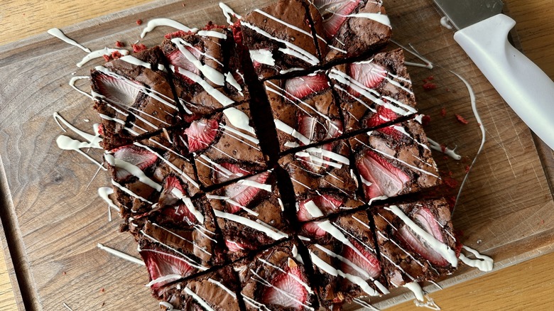 Strawberry brownies cut into squares