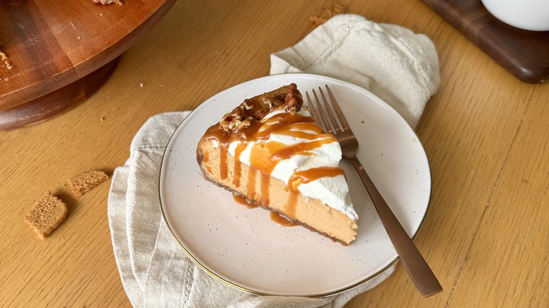 caramel cheesecake slice on plate