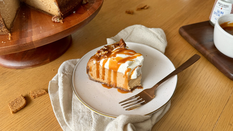 slice of caramel cheesecake on plate