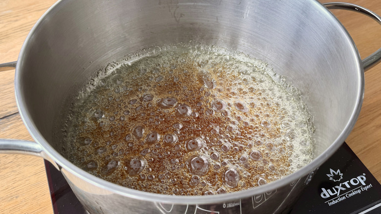 bubbling caramel in large pot