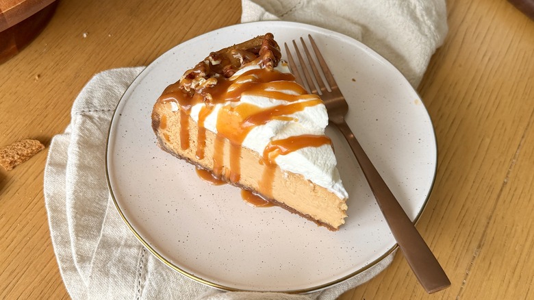 caramel cheesecake slice on plate