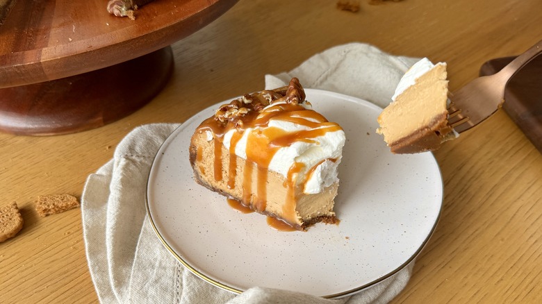 caramel cheesecake with bite removed