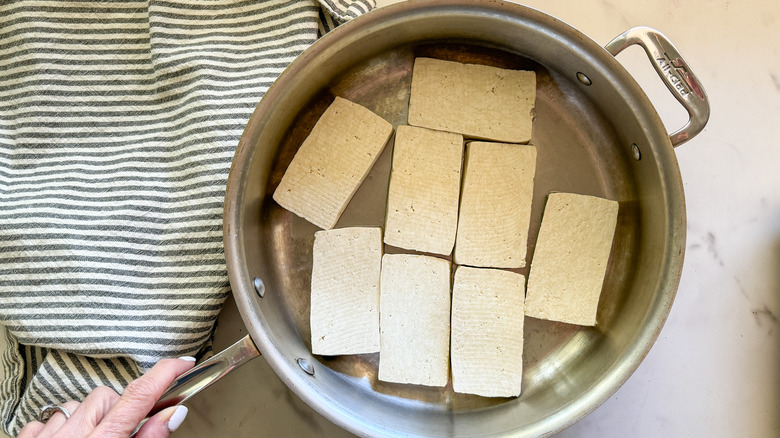 tofu searing in pan