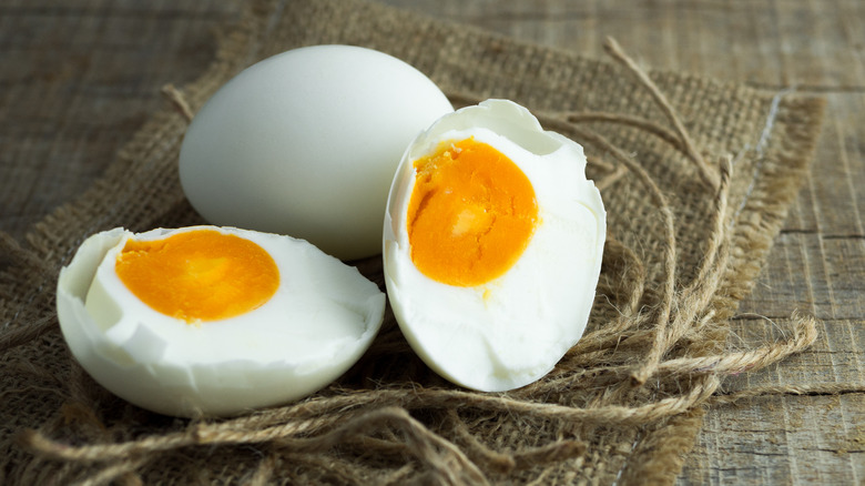 Closeup of boiled duck eggs cut in half