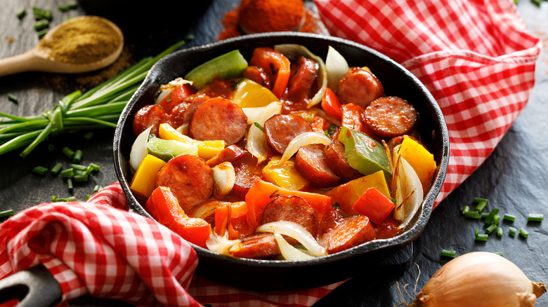 sautéed sausage and vegetables in skillet