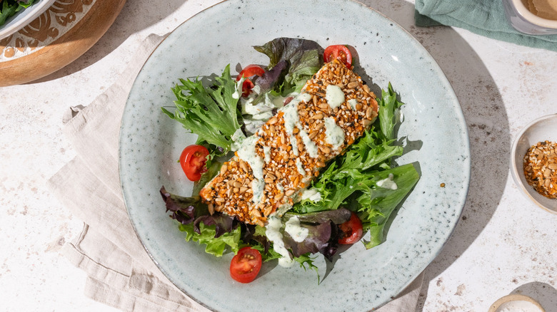 dukkah-crusted trout with lemon yogurt