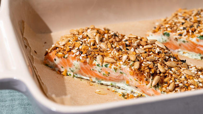 dukkah-crusted trout with lemon yogurt