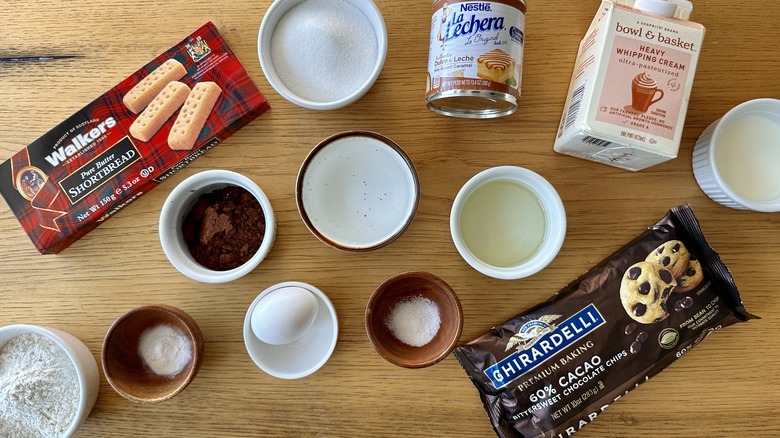 Ingredients for dulce de leche-stuffed millionaire shortbread cupcakes