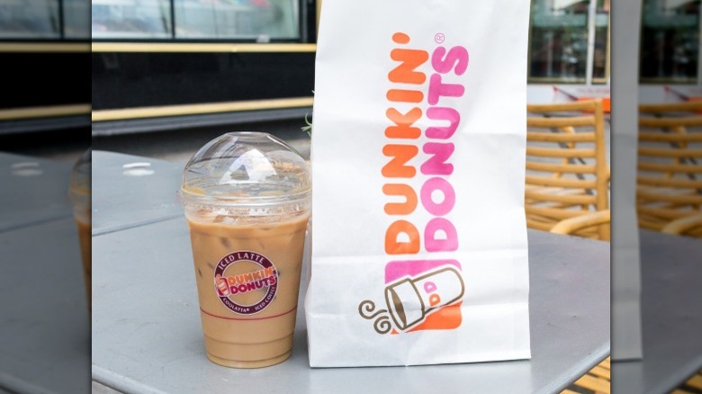 Dunkin' iced coffee with bag