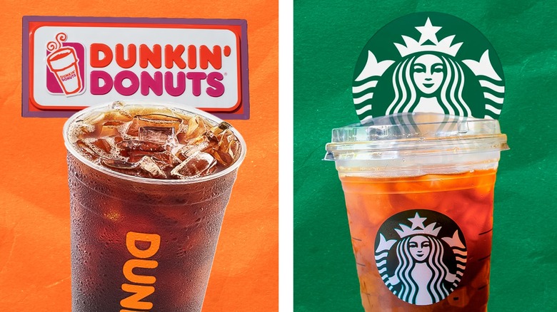 Starbucks and Dunkin' signs with cups of iced coffee