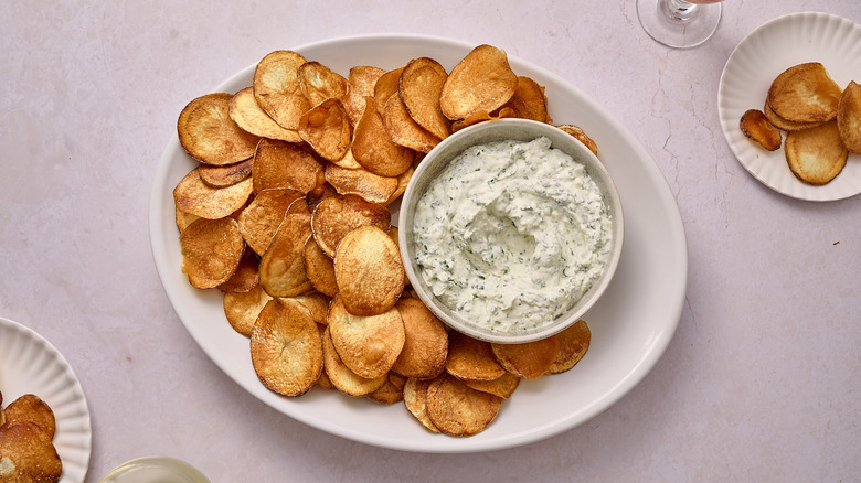 chips on a platter with dip