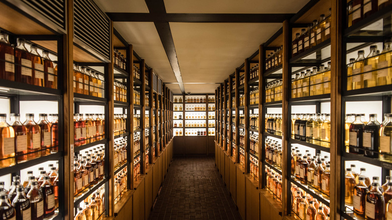 Cabinets filled with whiskeys 