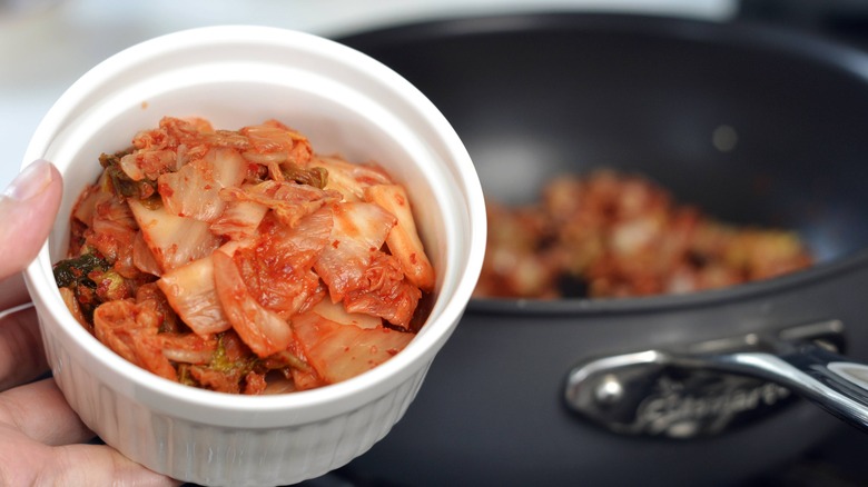 kimchi in white bowl