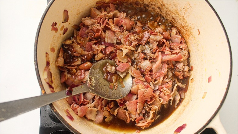 onions and bacon in pot