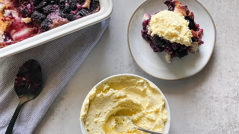 Bavarian cream topping blackberry cobbler