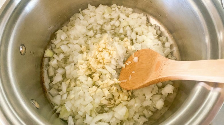 onion and garlic in pot