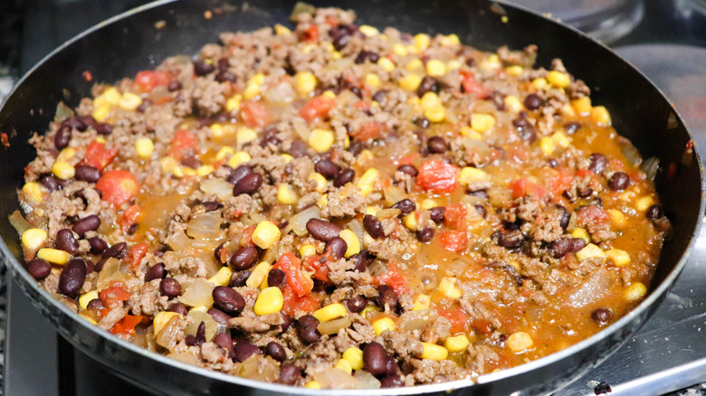 beef taco bake filling on stove