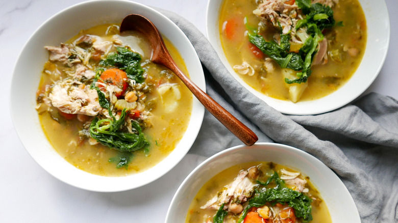 chicken carcass soup in bowls