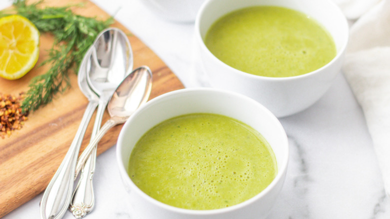 bowls of cream of asparagus soup