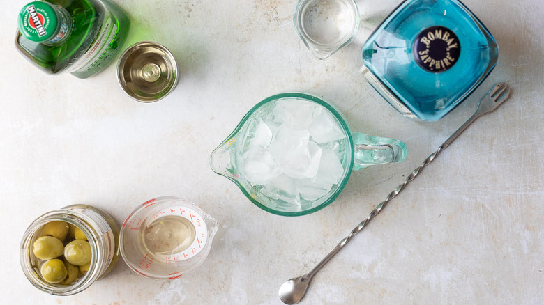 dirty martini ingredients on counter 