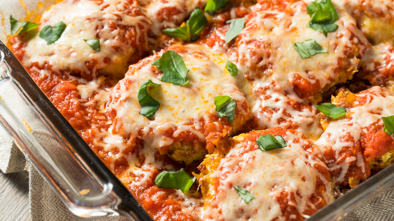 eggplant parm in pyrex dish