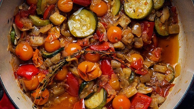 dutch oven filled with ratatouille