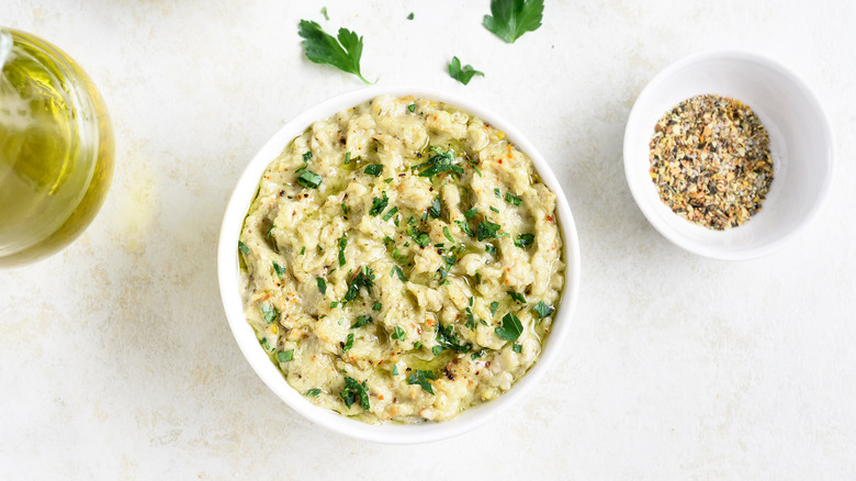 top view of eggplant dip on white table