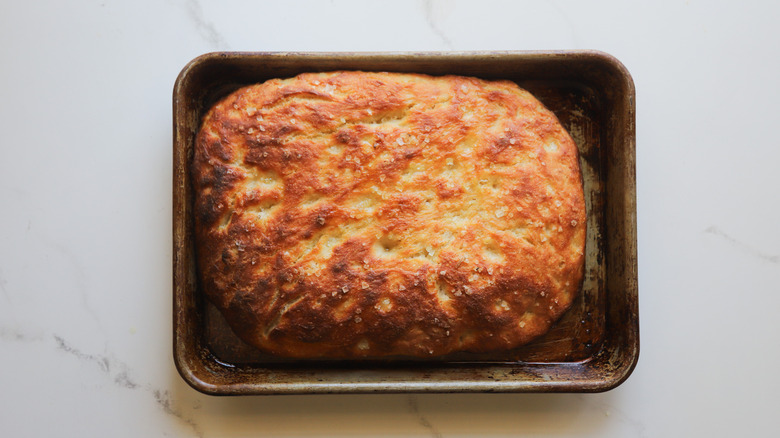 Baked focaccia on tray