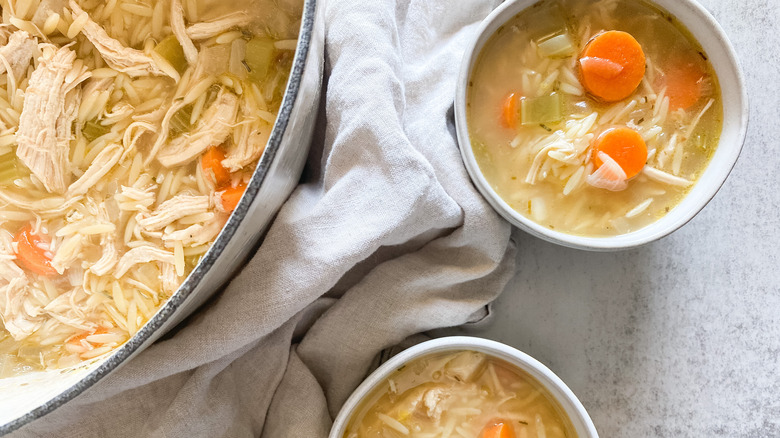 lemony chicken orzo soup in bowls